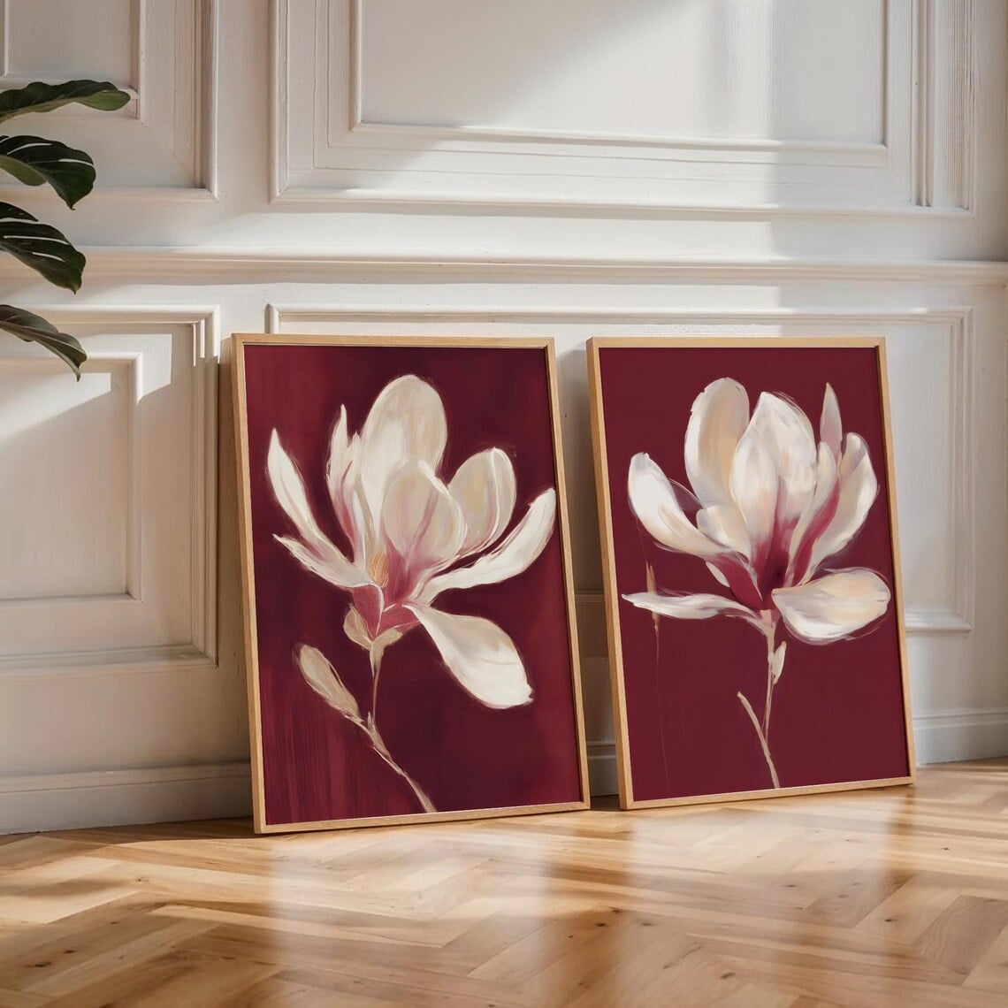 Abstract burgundy floral prints set of 2, modern flowers magnolia wall art, Set