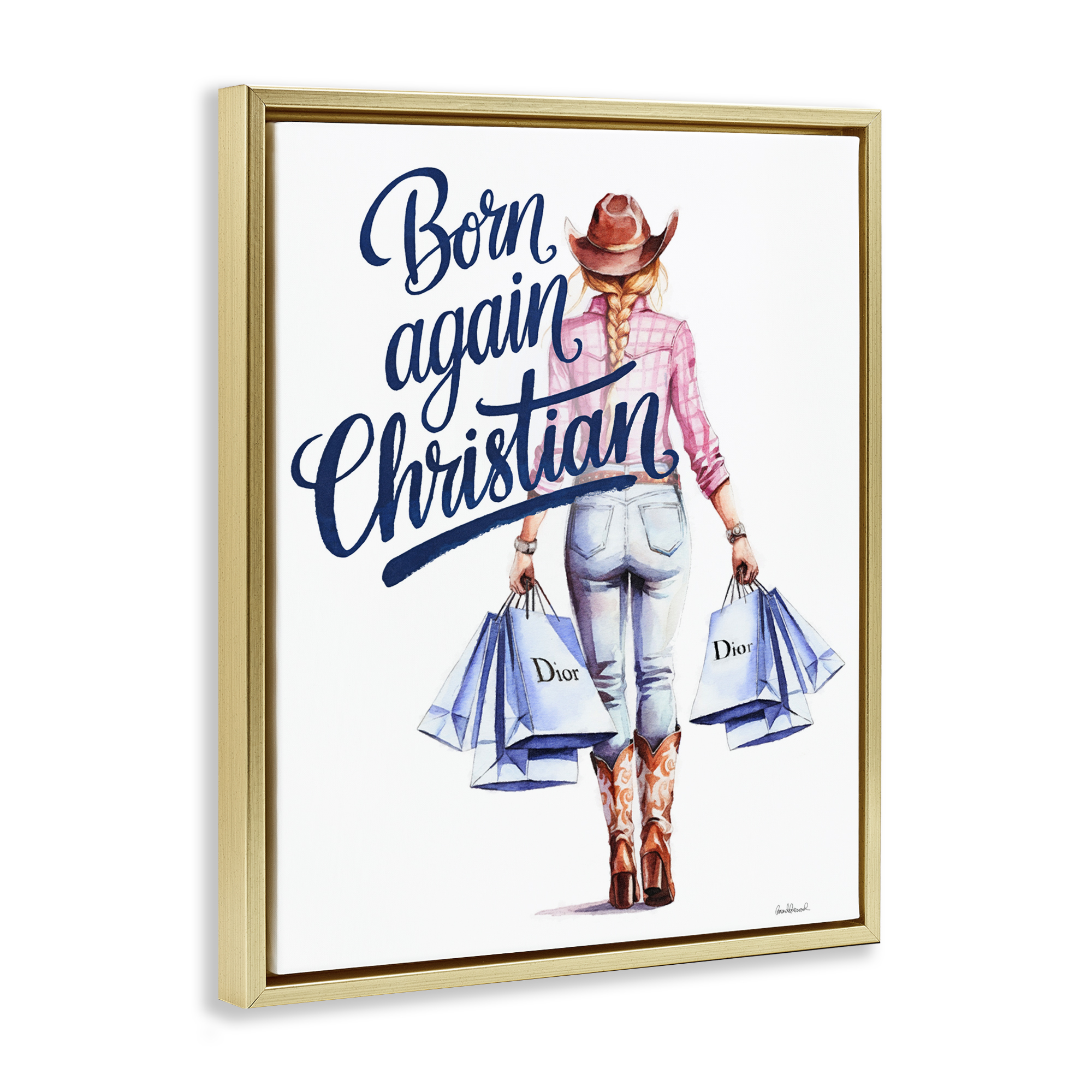 Born Again Christian Cowgirl Gold Framed Floater Canvas Wall Art, design by Amanda Greenwood