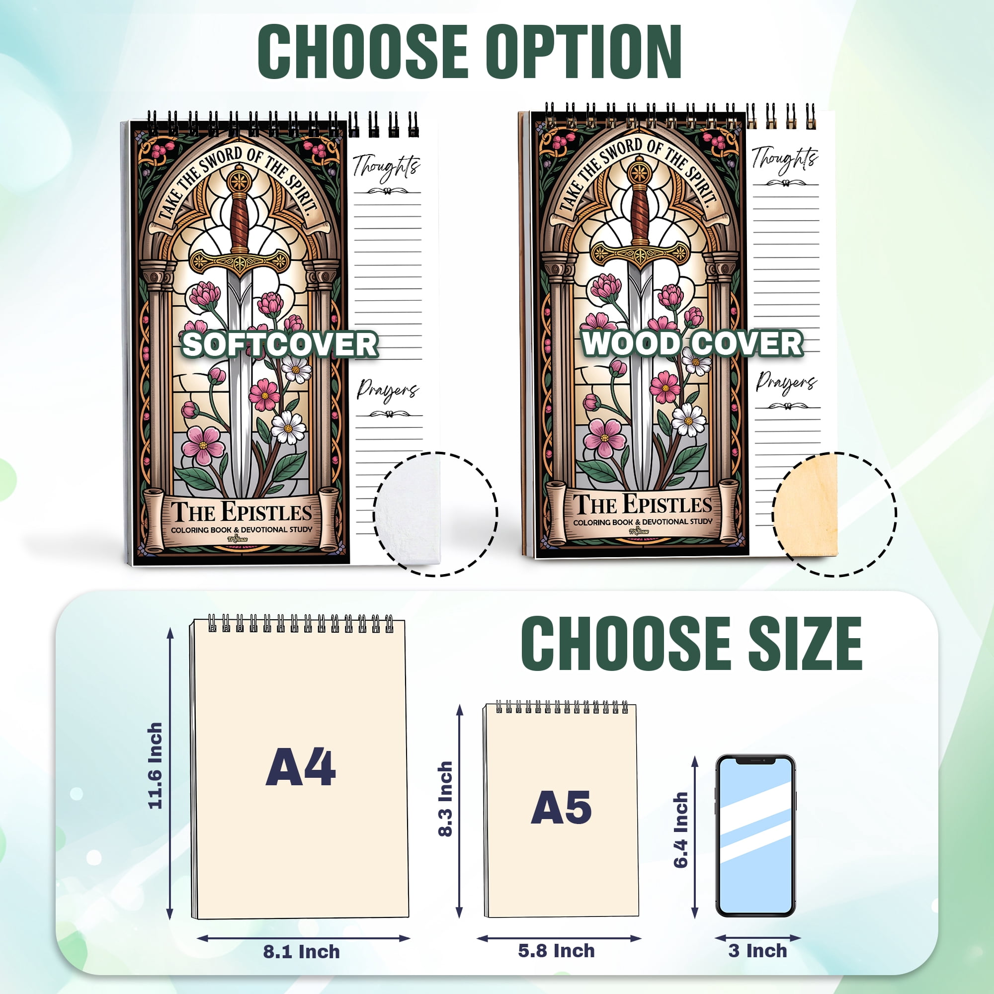 The Epistles Coloring Book for Adults, 30 Minimalist Scripture Art Pages with Reflection & Prayer Space, Spiral Bound, A4 or A5 Softcover or Wood Cover