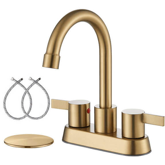 Zovajonia 4 Inch 2 Handle Centerset Lead-Free Bathroom Faucet 2 hole, 360 Swivel Spout with Copper Pop Up Drain and 2 Water Supply Lines Brushed Gold