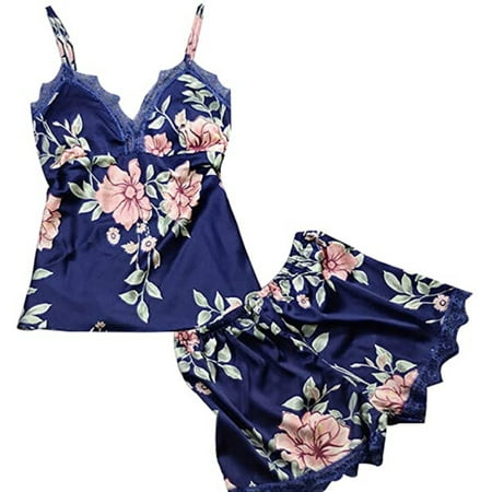 

Fanvereka Women Sexy 2PCS Lingerie Set Floral Sling Lace Deep V-Neck Top Short Elastic Band Pants Summer Sleepwear Set