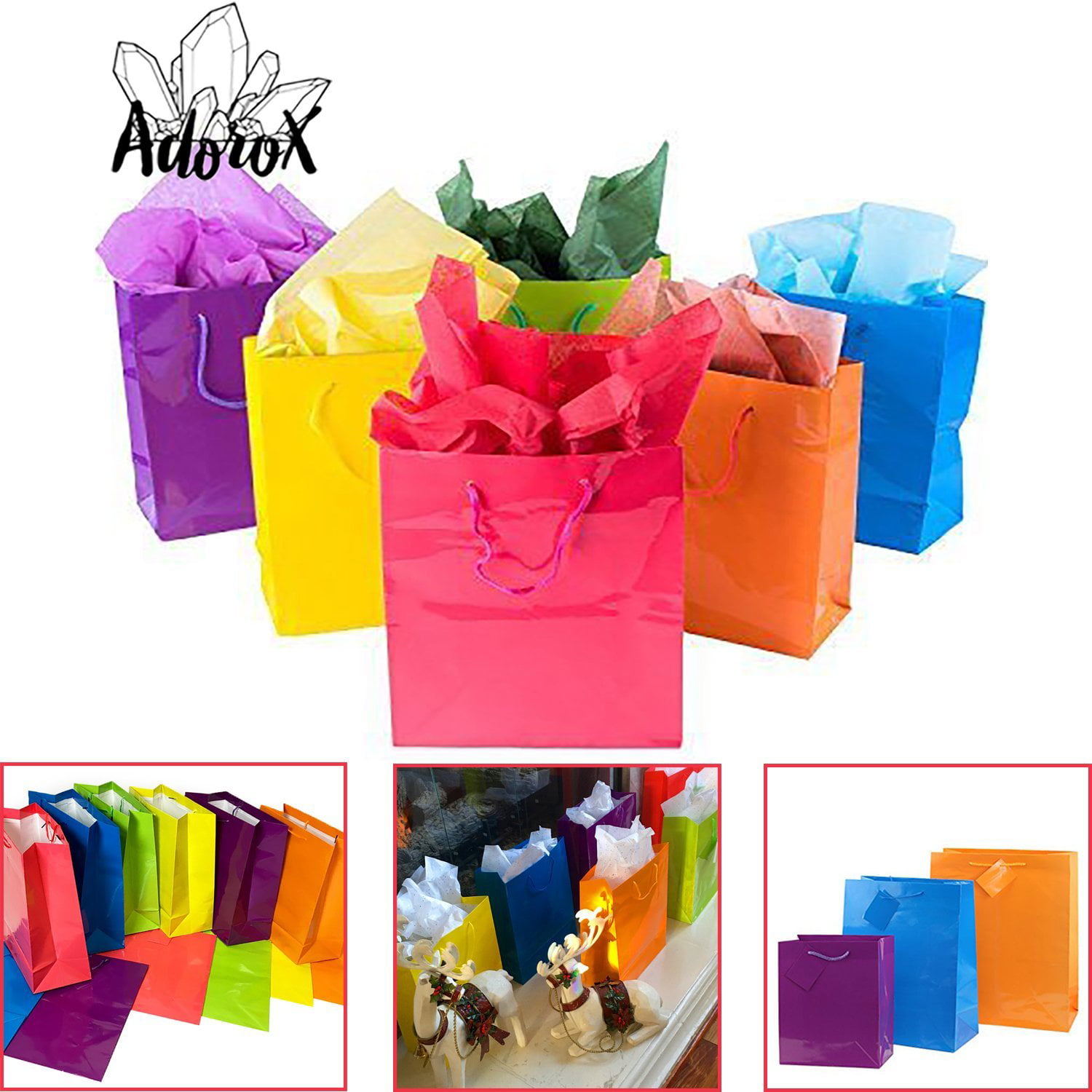 12 Bright Neon Colored Party Present Paper Gift Bags Birthday Wedding Occasions 
