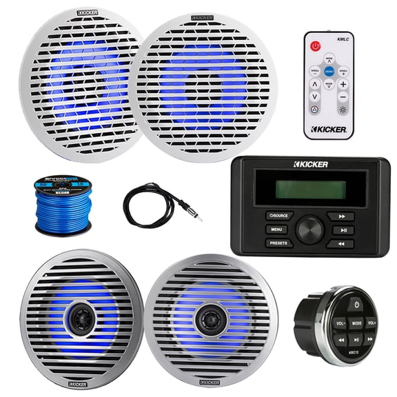 Kicker 46KMC3 Marine Gauge Style USB Bluetooth AM/FM Receiver w/Remote, 4x 6.5" 130W Thin-Mount Multicolor LED Boat Audio Speakers with 4x White Grilles, 4x Silver Grilles, Wire, Antenna, LED Remote