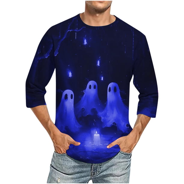 Camisas de Manga Larga para Hombres Imprimir Casual Cuello Redondo Blusa de Manga Corta, Camisas de Lino para Hombres