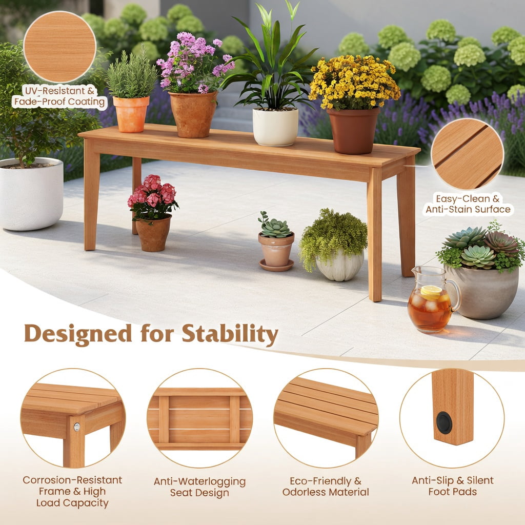 Hommoo 55" Outdoor Teak Wood Bench, Weather-Resistant, Patio & Garden Seating for 3, Natural