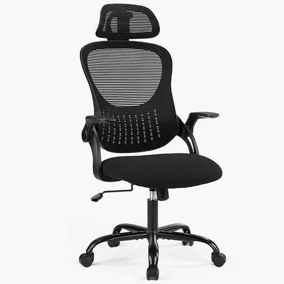 Ergonomic Office Desk Chair, High-Back Mesh Computer Chair with Adjustable Headrest, Lumbar Support, Flip-Up Armrests, Swivel Rolling Task Chair for Home Office, Black