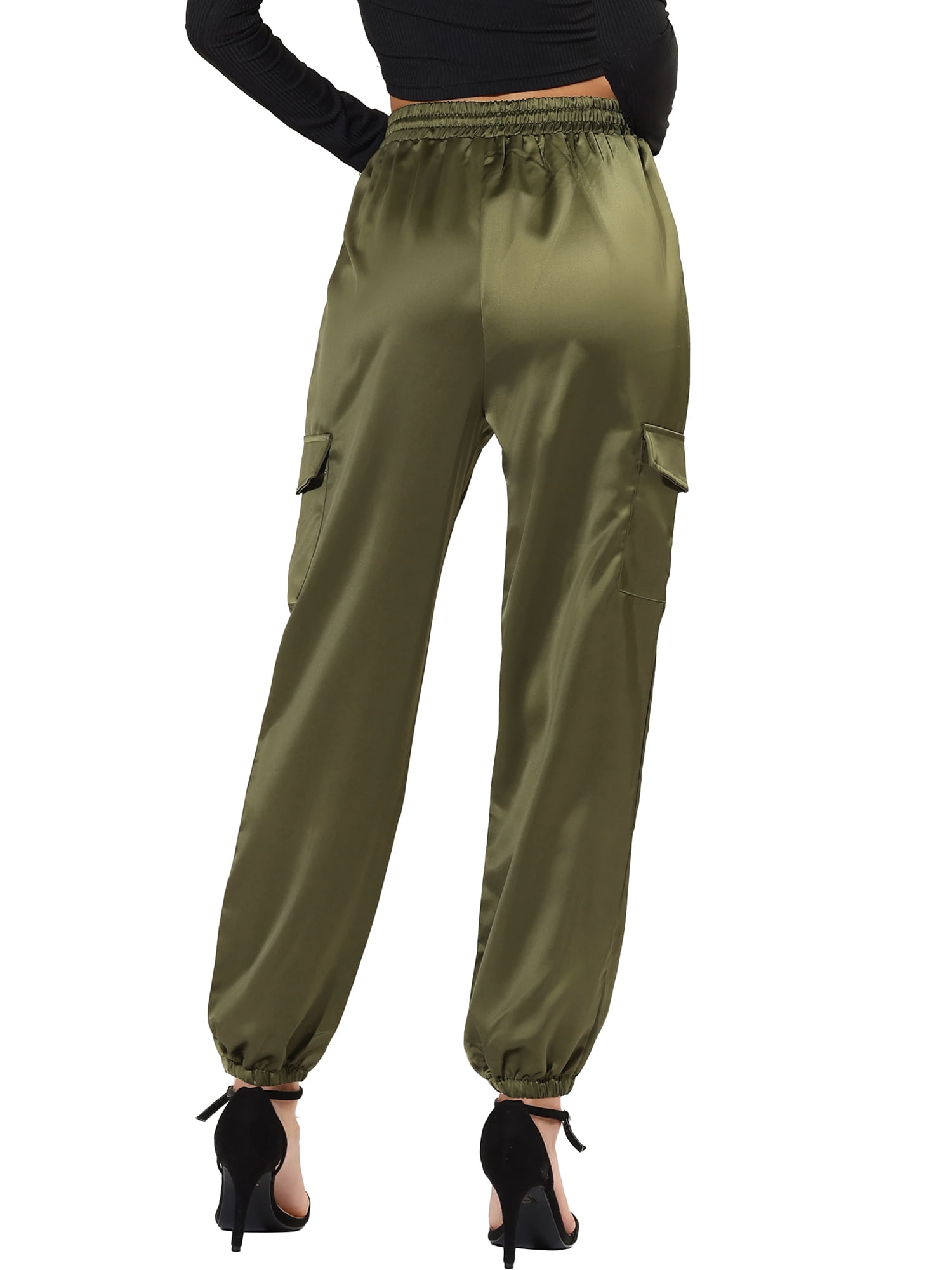 DARING DIVA Women's Drawstring Elastic High Waist Satin Cargo Pants S Green