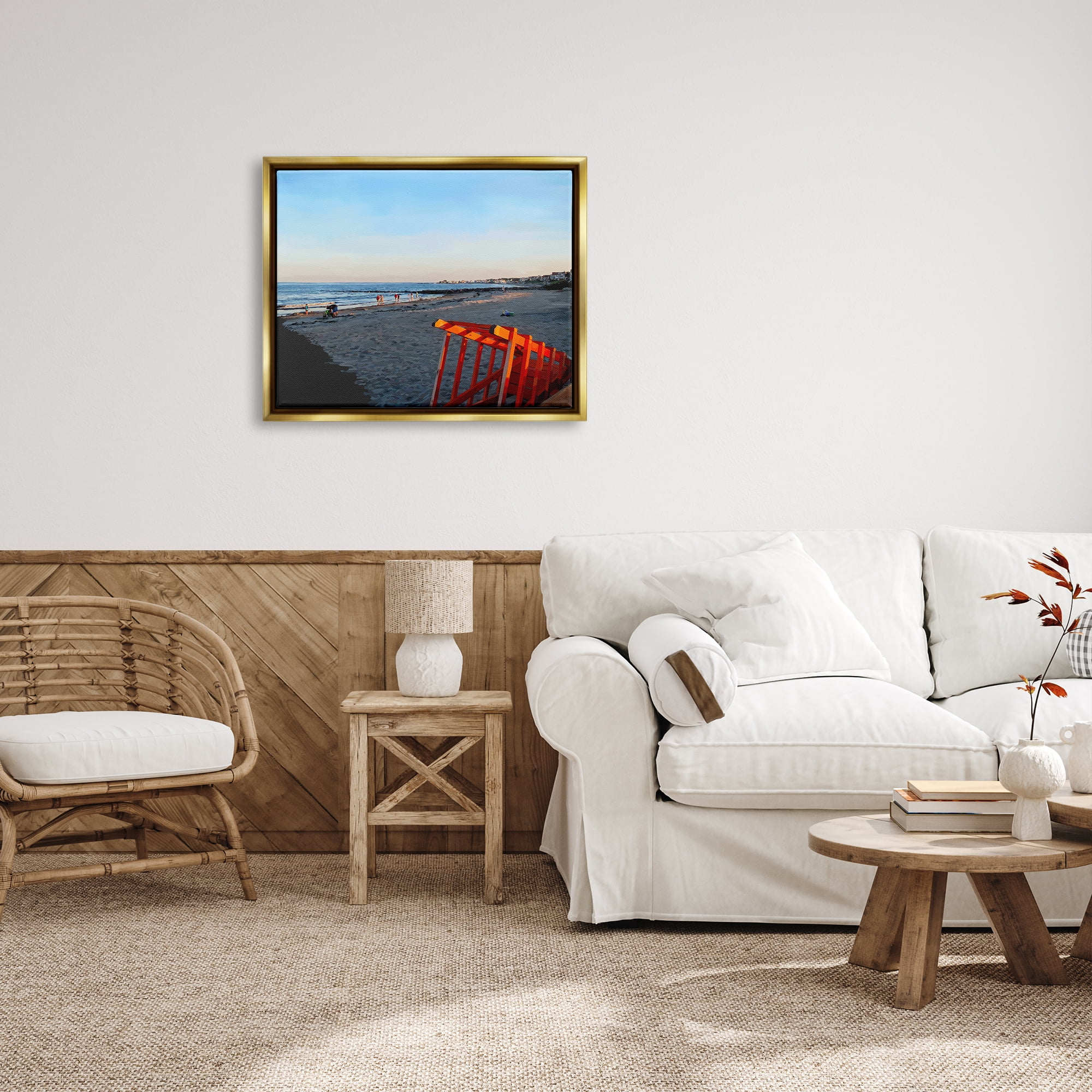 Stupell Beach Walkway People Lounging Landscape Painting Gold Floater Framed Art Print Wall Art