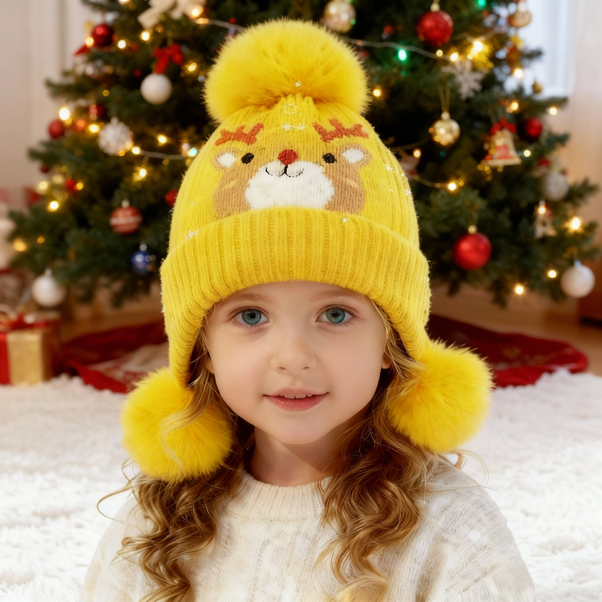 Children's cartoon wool cap knitted hat padded and thickened windproof cap
