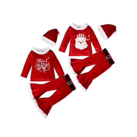 

3 Pcs Christmas Kids Girls Clothes Outfits Letter/ Santa Print Long Sleeve Velvet Tops and Flared Pants Hat Sets