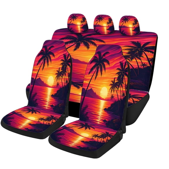 Classic Tropical Sunset Palm Car Seat Covers Full Set, Universal Auto Seat Covers with Front Seat Covers, Rear Bench Cover and Headrest Covers for Cars SUVs Trucks Vans