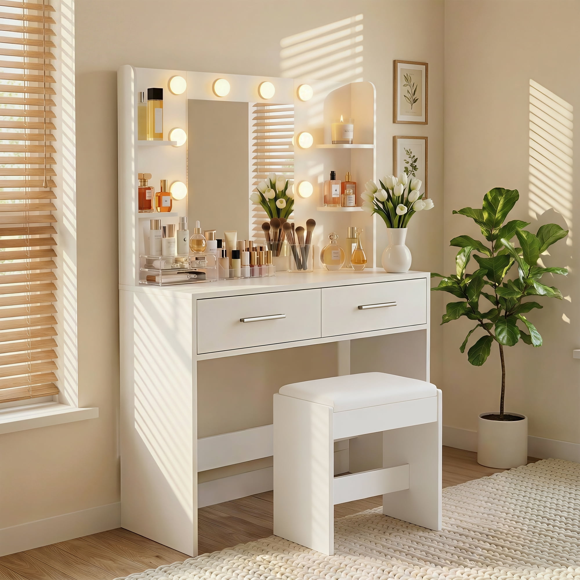 Homall Makeup Vanity Set with Mirror & Stool, Vanity Desk with LED Lights & Fast-Charging Outlet, Vanity Table for Bedroom Dressing Room, White