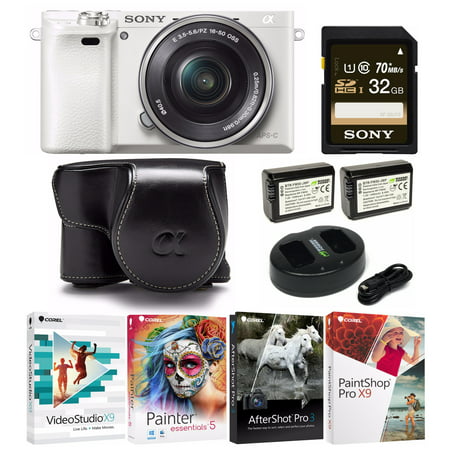 Sony Alpha a6000 Mirrorless Camera w/ 16-50mm Lens (White) + KOAH PU Leather Case