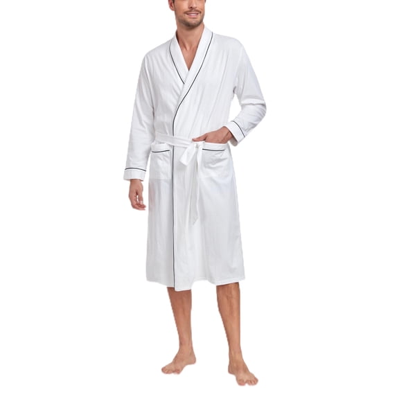 ANLIQI Mens 100% Cotton Robes Lightweight Long Sleeve Bathrobe Soft Knit Spa Robe with Pockets (White, XL)