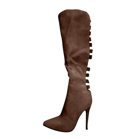 

Juebong Women s Super High Heel Side Zipper Back Hollow Suede Over The Knee Boots Coffee Size 6.5