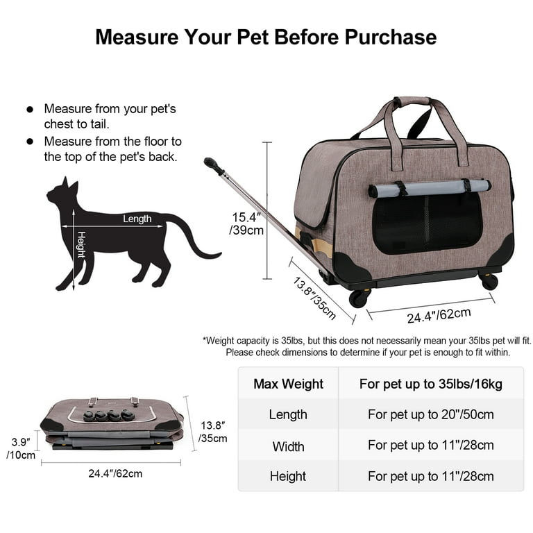 VEVOR Cat Carrier with Wheels, Rolling Pet Carrier with Telescopic