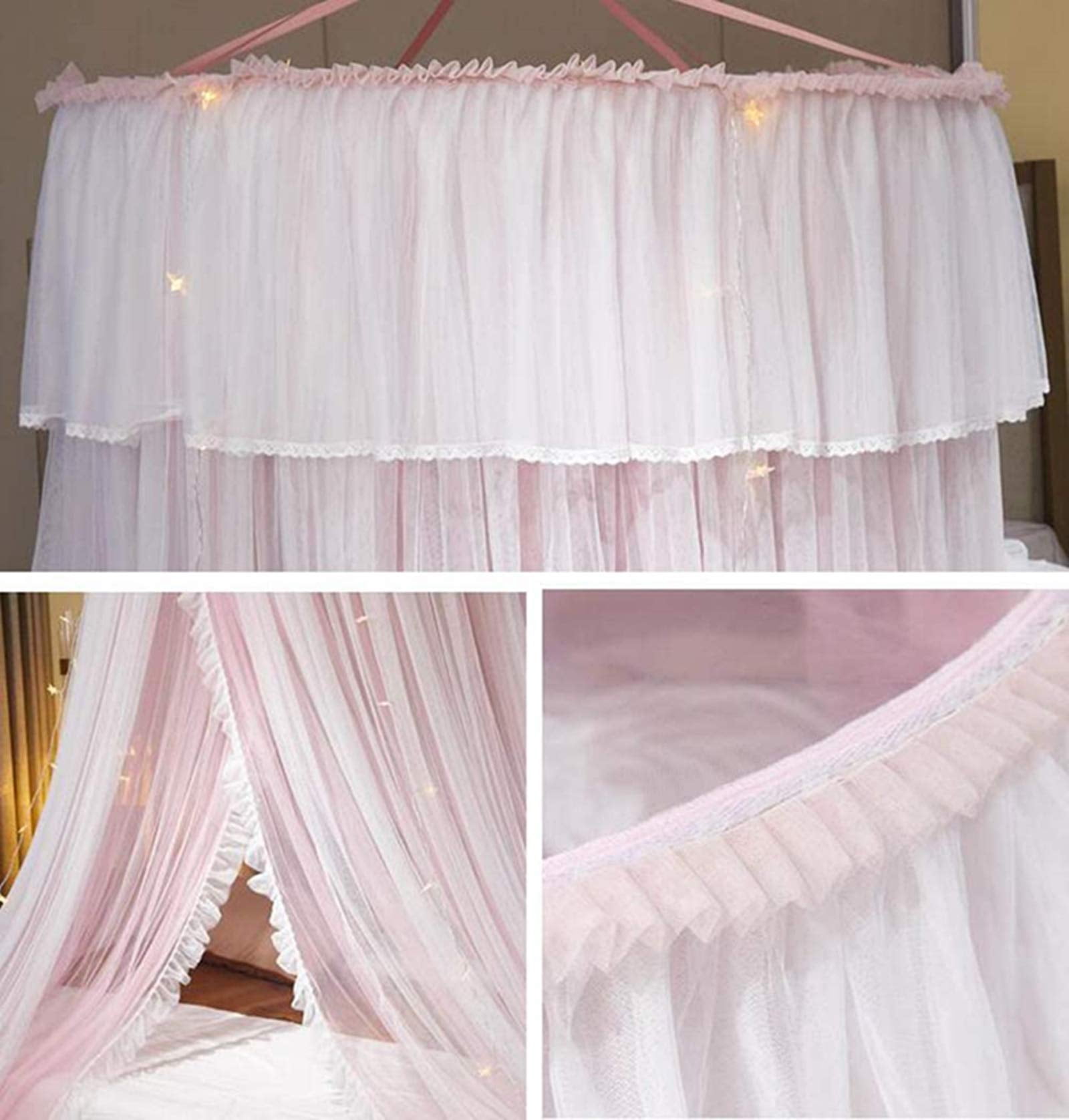Bed Princess For Curtain Double Layer Sheer Mesh Dome Curtain- Round Lace Mosquito Net Tent Full Queen King Bed(pink/white)
