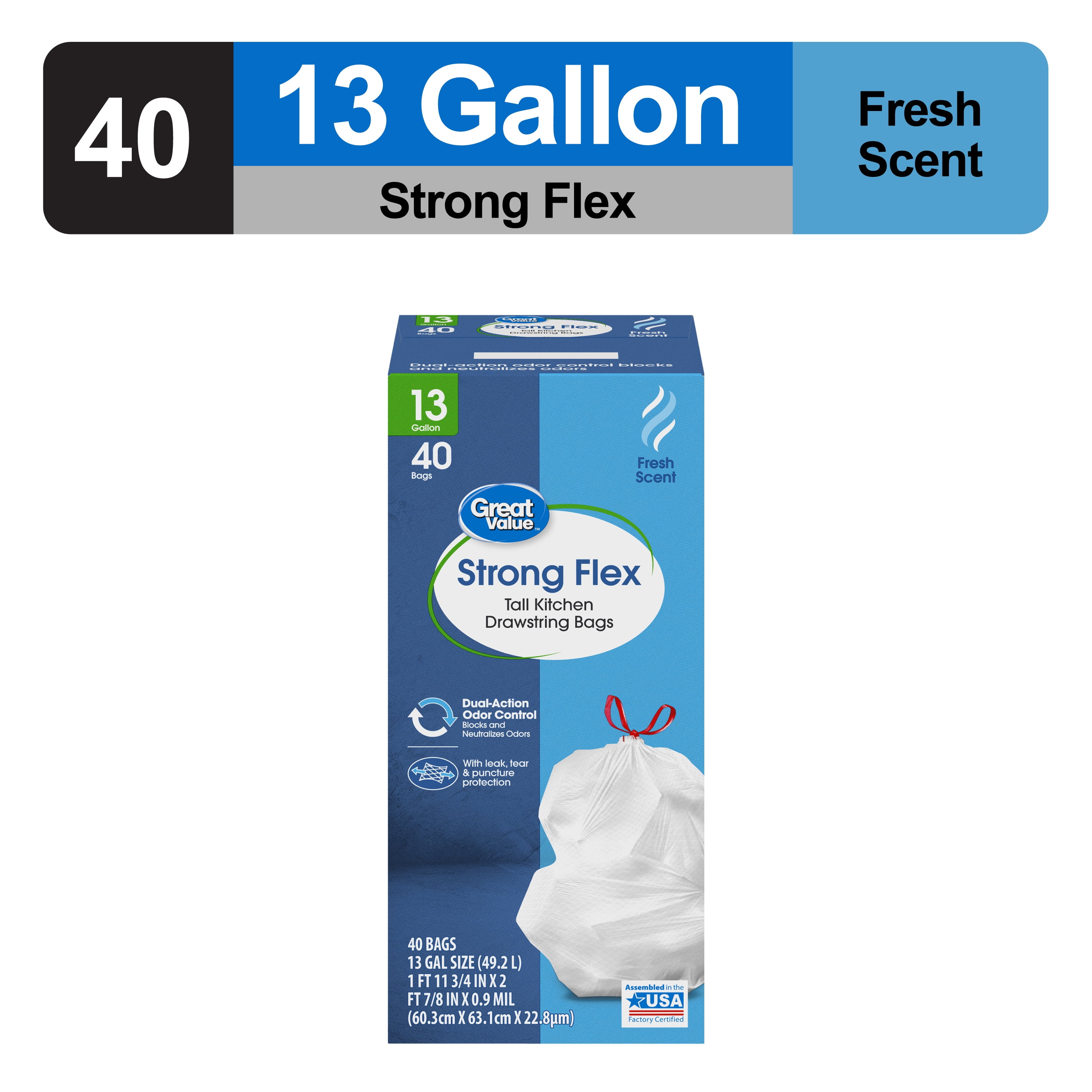 (6 pack) Great Value Strong Flex 13-Gallon Drawstring Tall Kitchen Trash Bags, Fresh Scent, 40 Bags