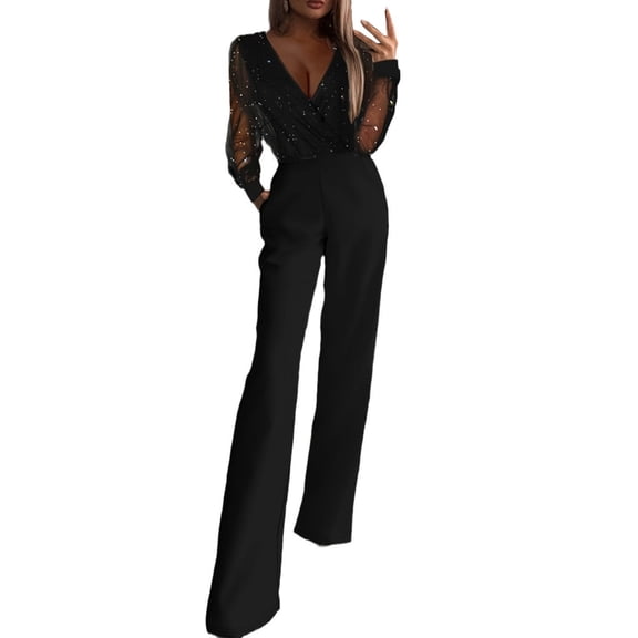 AGWOLF Lace Jumpsuit for Women Dressy Casual V Neck One Piece Rompers Long Sleeve Straight Leg Overalls Business Work Jumpsuit