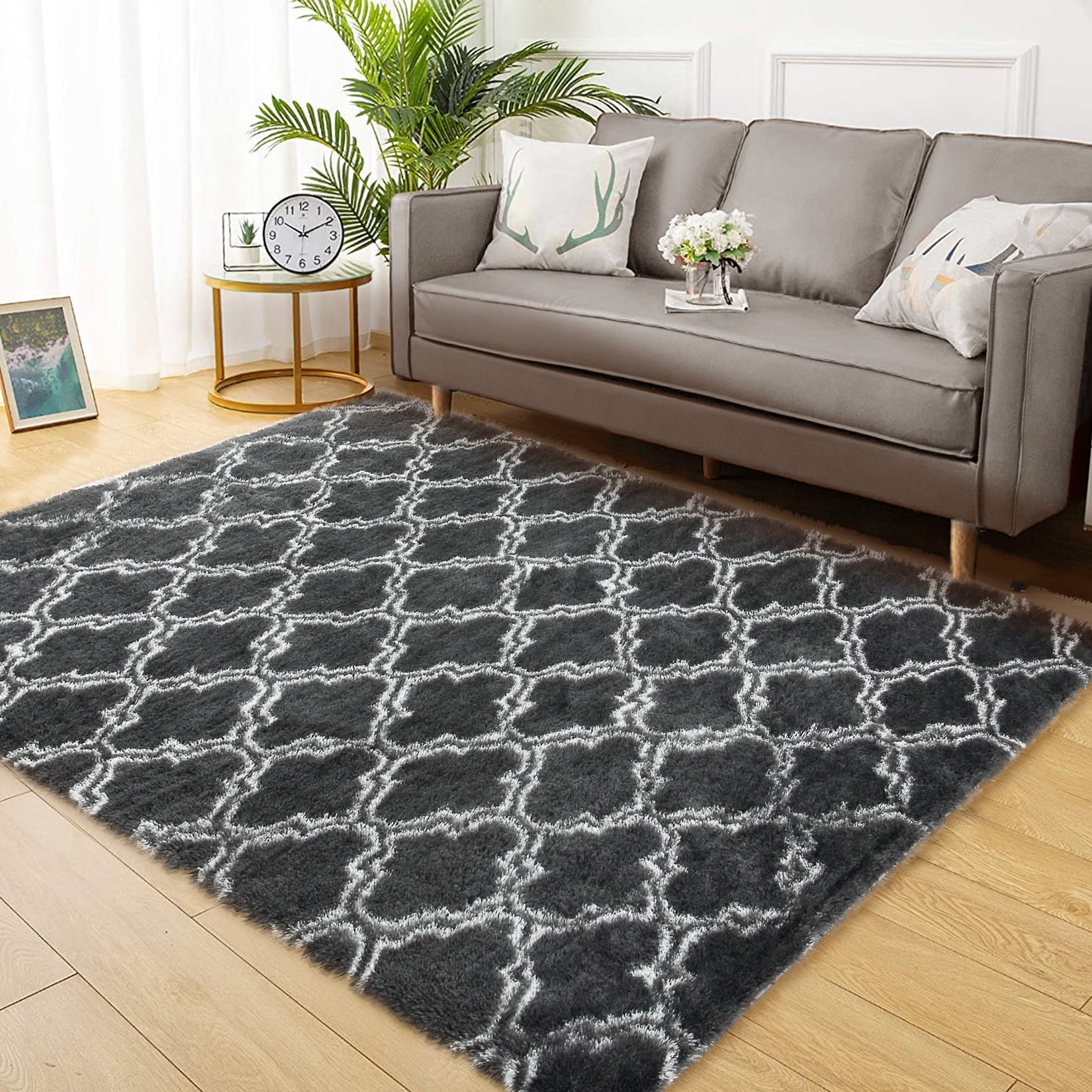 HOMERRY Fluffy Area Rug 5' x 8' Moroccan Fluffy Rugs for Living Room Ultra Soft Fuzzy Area Rugs for Bedroom, Dark Gray