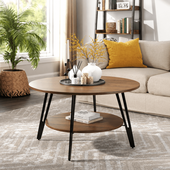 Manxile Mid-Century Modern Coffee Table, 2 Tiers Design, Round Coffee Table for Living Room,Easy to Assemble, Walnut