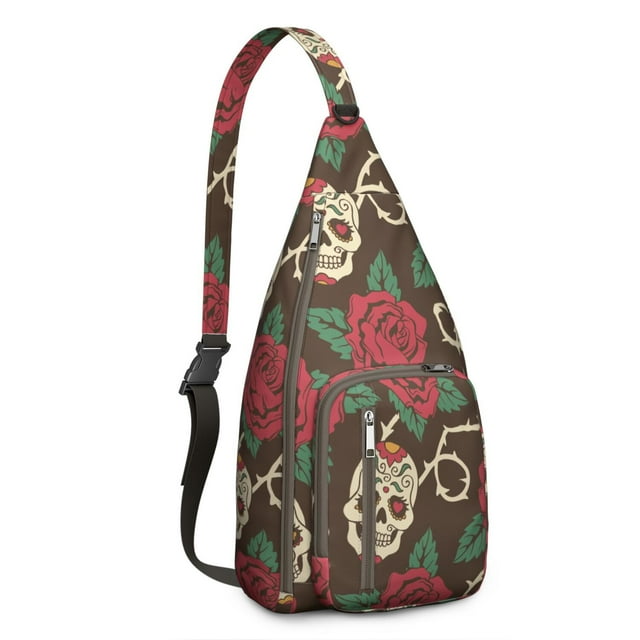 Gothic Butterfly Sling Backpack - Skeleton & Rose Fire Pattern Crossbody Shoulder Bag, Water-Resistant Material