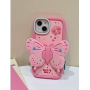 Pink Butterfly Phone Case Compatible with iPhone 11, Cute 3D Korea Dopamine Butterfly Case with Butterfly Wings Folding Stand Shockproof Silicone Soft Case