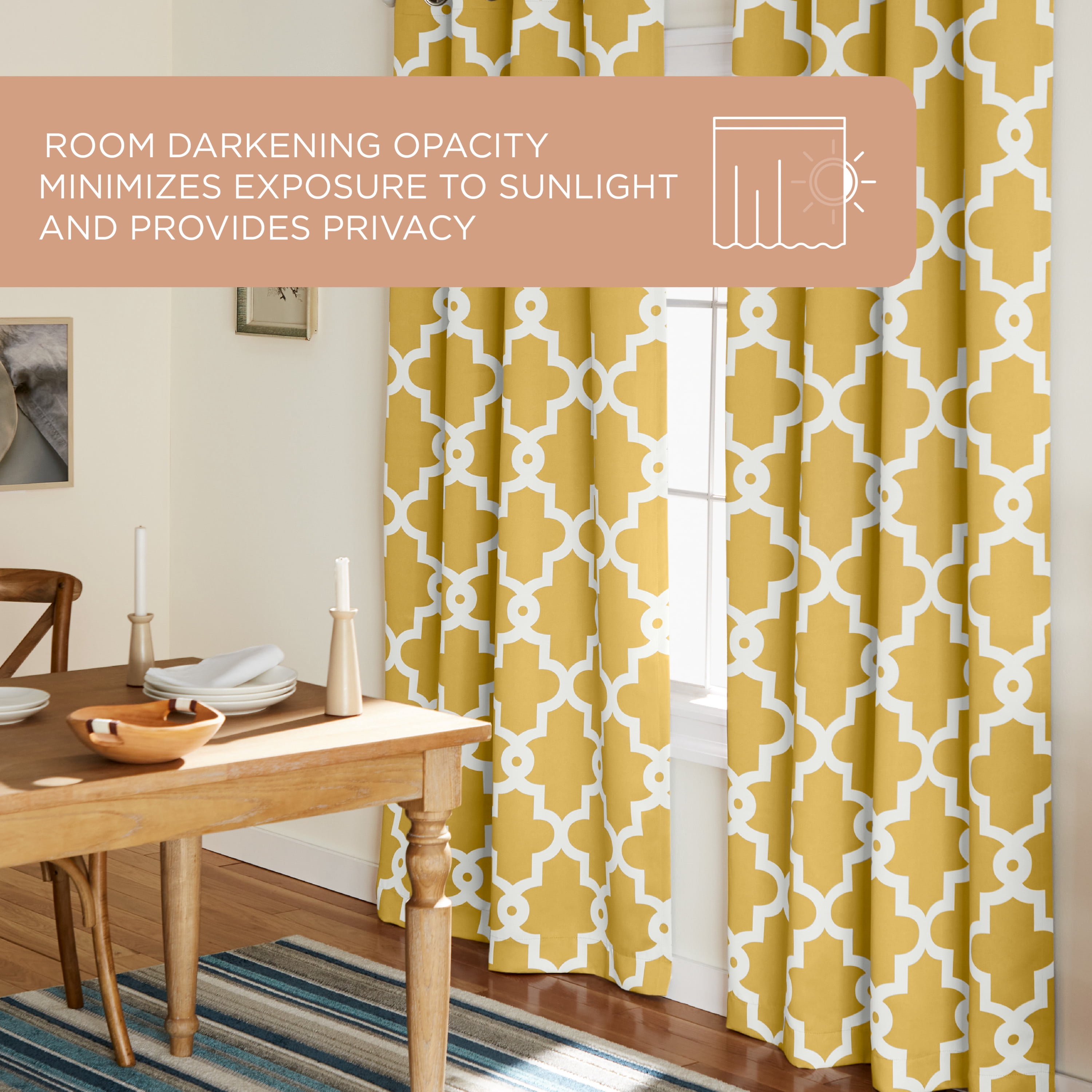 TOWN & COUNTRY EVERYDAY Ironwork Geo Trellis Sateen Indoor Curtains, Room Darkening Blackout, Grommet Top, Energy Efficient, 2-Pack Set, 52"x108", Sundress Yellow