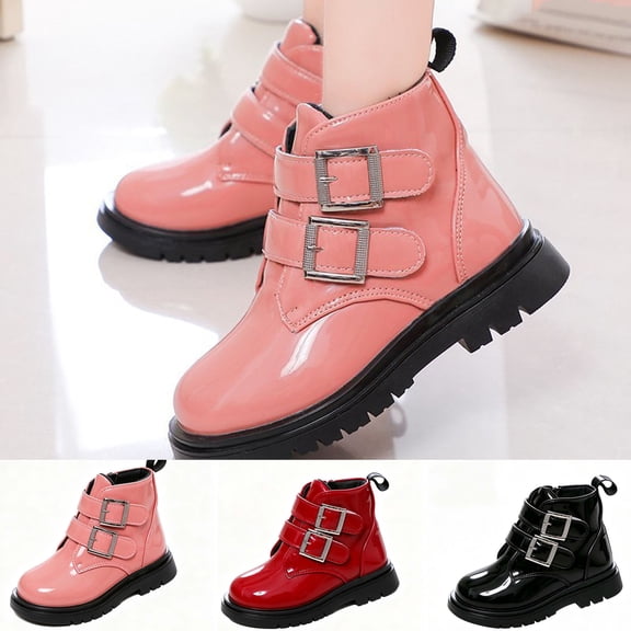 Girls Combat Ankle Buckles Boots Shoes Glittery upper, Easy On/off, Lug Sole Slip Resistant, Toddler Little & Big Kids, Spring Fall Winter Wine 35