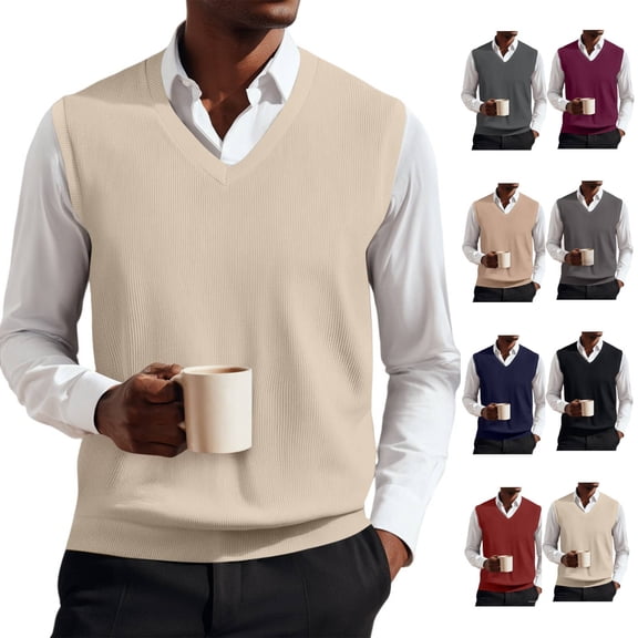Huankd Men’s Knit Sweater Vest V Neck Relaxed Fit Sleeveless Pullovers Beige 4XL