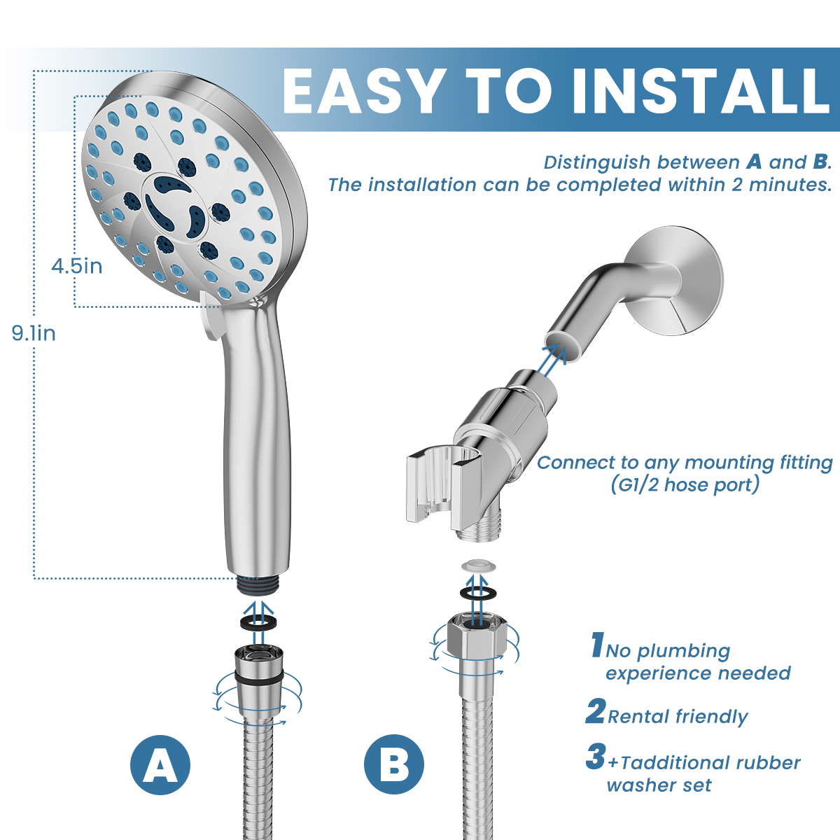 Cshidworld 5-Function High Pressure Handheld Shower Head, Chrome photo 5