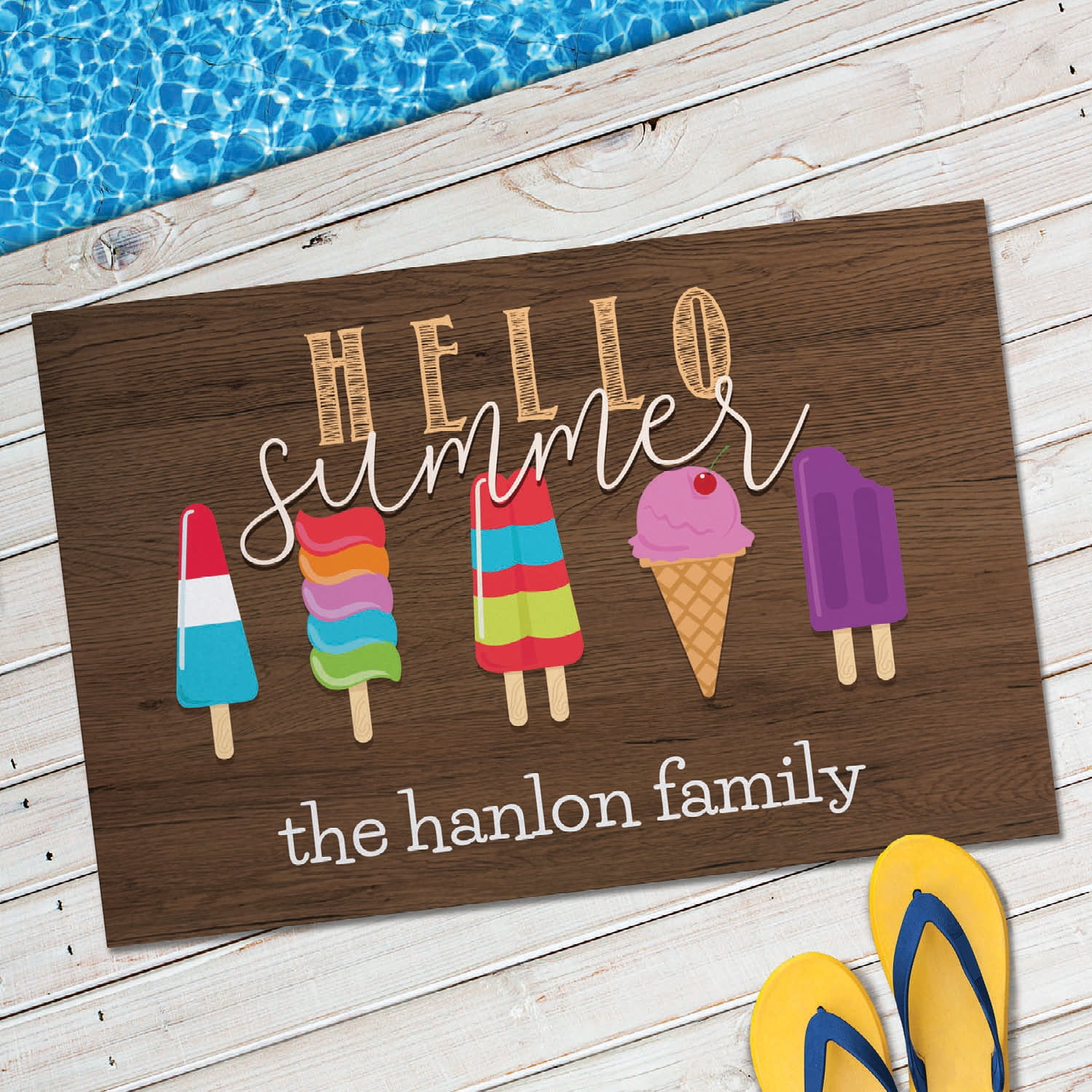 Personalized Planet 27x18 Hello Summer Ice Cream Doormat with Custom Family Name Printed on Brown Rectangular 1/8” Thick Non Slip Mat for Kitchen Hallway Deck or Porch