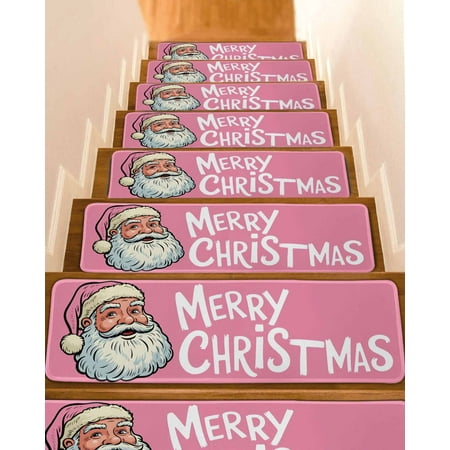 Christmas Pink Stair Treads for Wooden Steps Indoor Runner Rug Carpet Santa Claus Merry Xmas Holiday Vintage 7 Pieces Peel and Stick Staircase Step Treads Covers Washable Throw Door Mats 30 x8