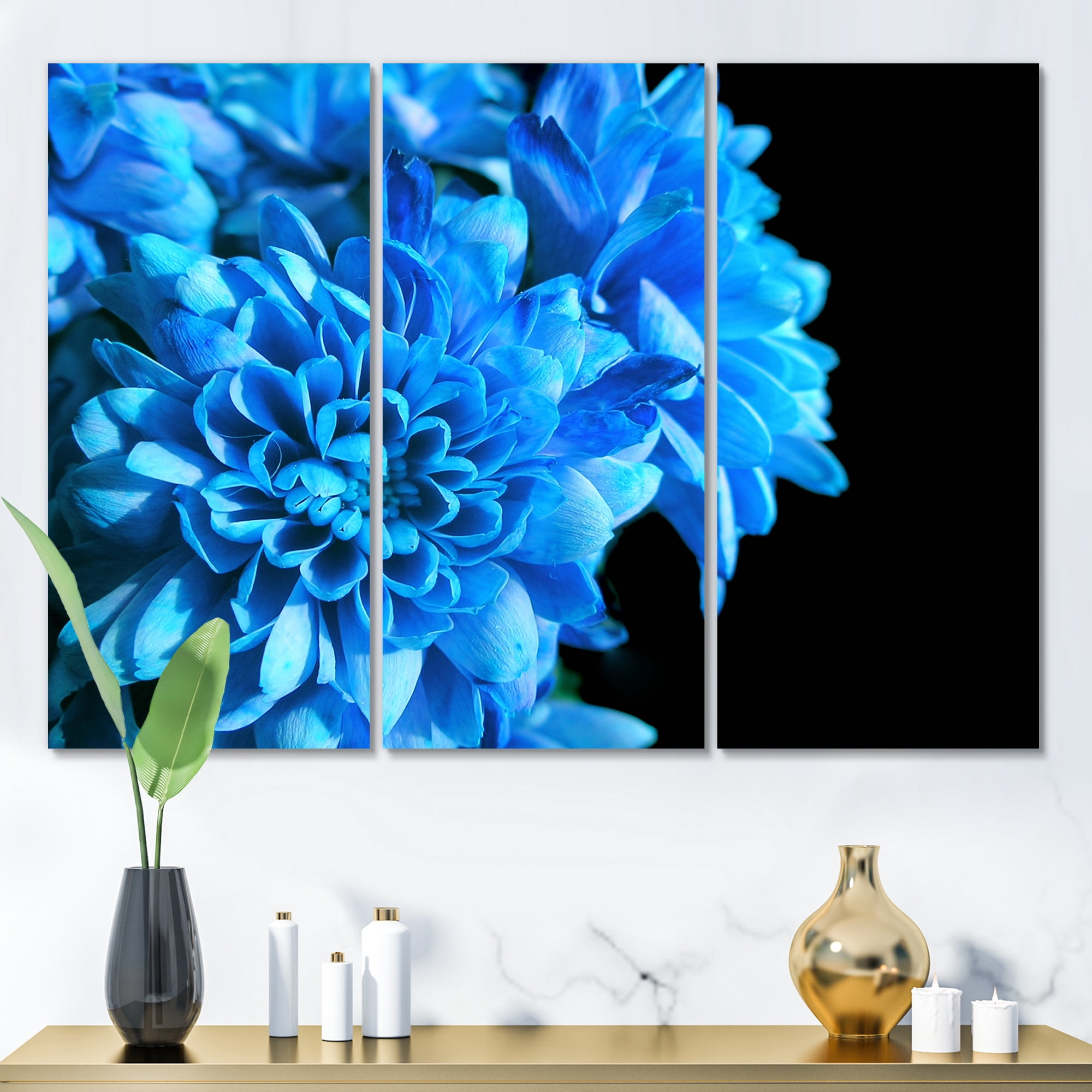 Detail of Blue Flowers On Black Background I 28 in x 36 in Painting Canvas Art Print, by Designart