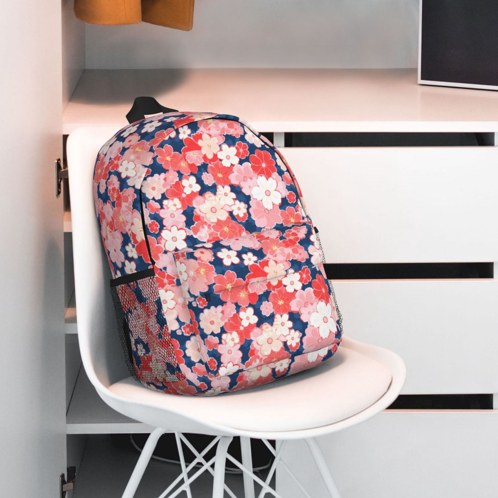 Rateoe Japanese Cherry Blossoms Pattern Student Backpack Water-resistant Backpack 15-inch Laptop Backpack Lightweight Adjustable School Backpack