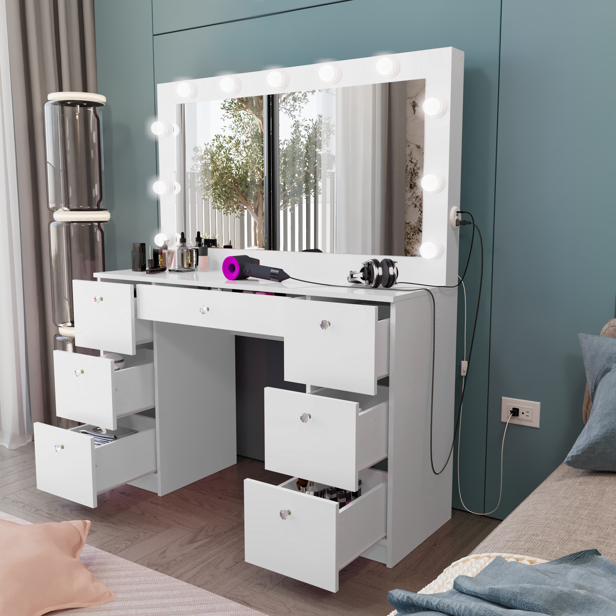 Ember Interiors Tammy White Vanity Desk with Mirror, Lights, Bluetooth Speakers & Storage