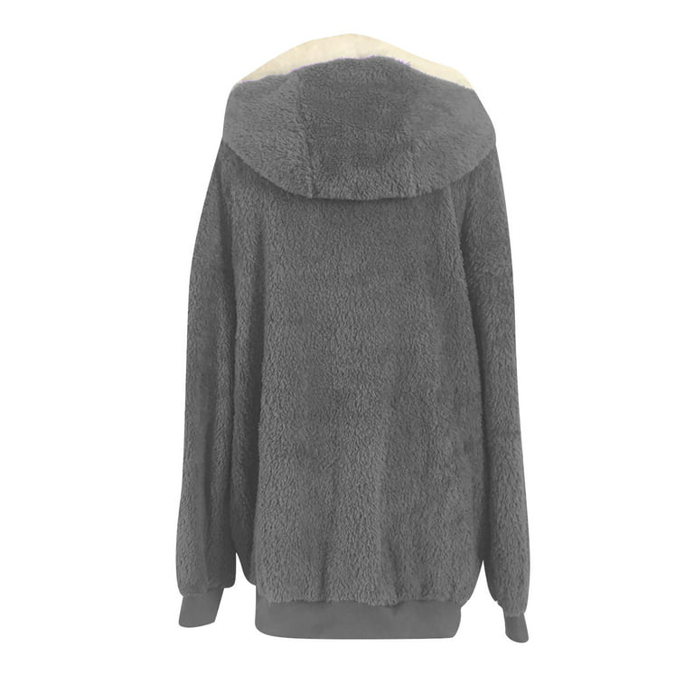 Women's S-5XL Plus Size Soild Color Sherpa Fleece Jacket Fuzzy Cardigan  Zipper with Pockets, Faux Shearling Coat Long Sleeve Lapel Top