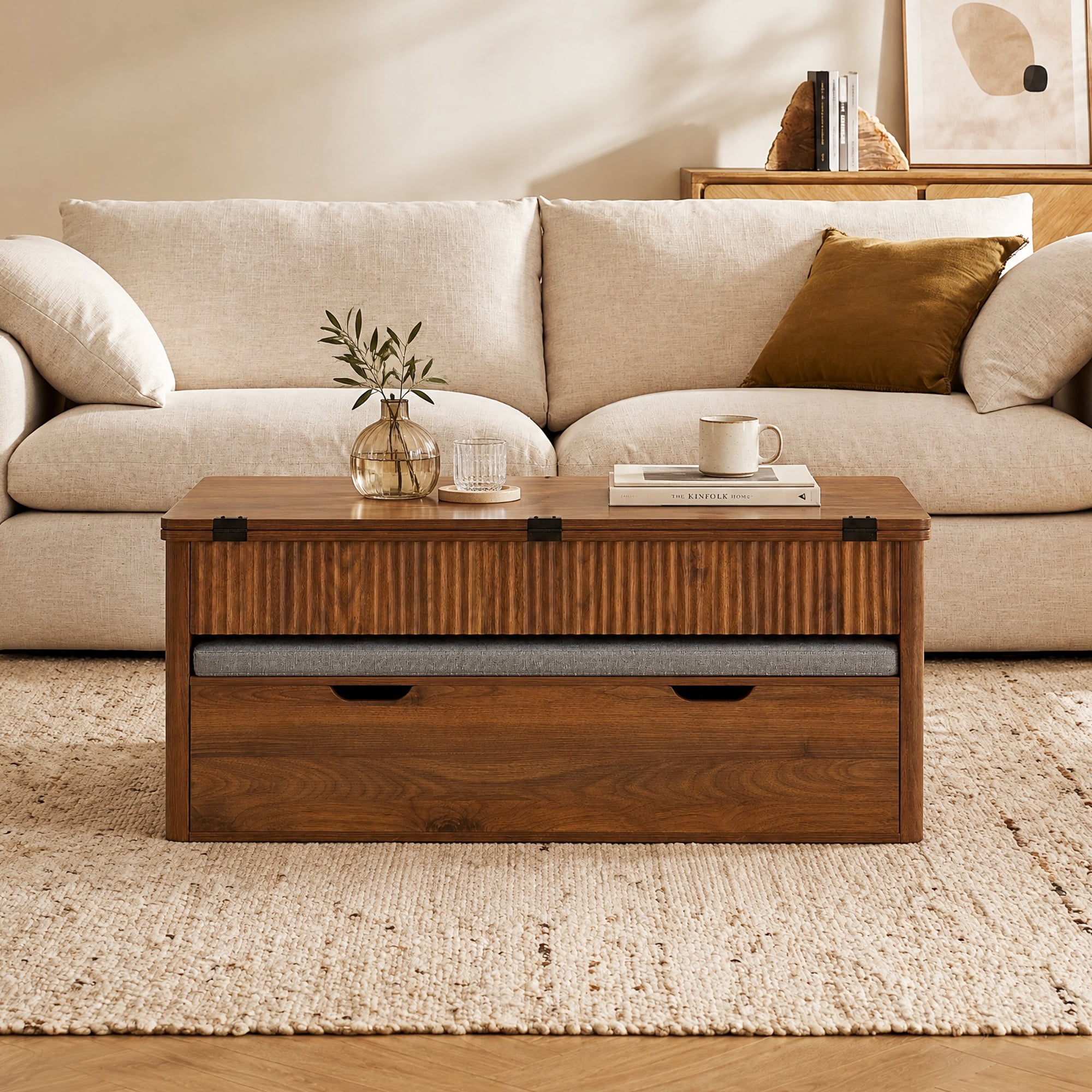 Spruce & Spring 39" Lift Top Coffee Table with Nesting Bench & Storage, Fluted Wood Design, 4-in-1 Convertible Center Table for Living Room & Small Spaces, Walnut