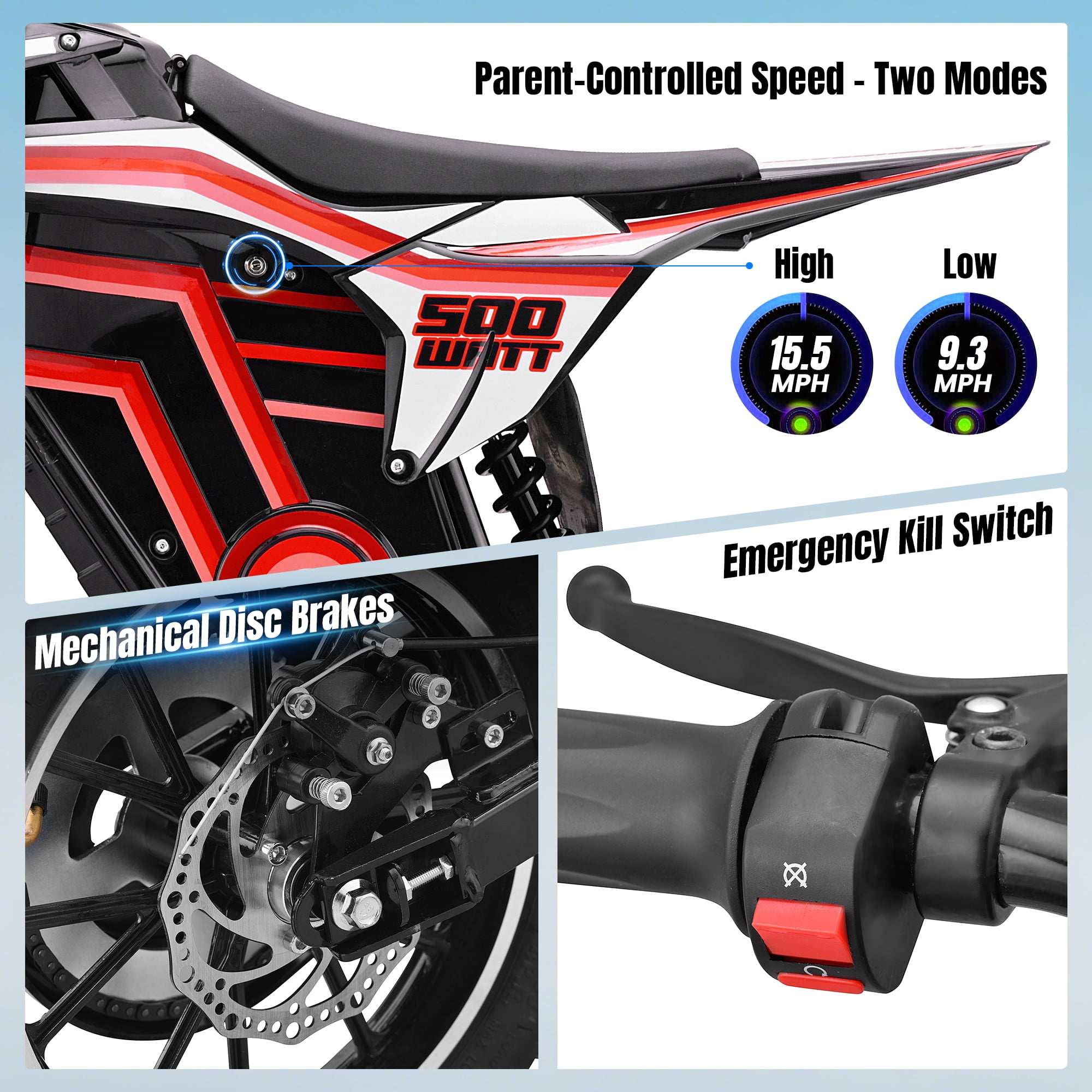 QEASET electric dirt bike, 500W kids dirt bike for Boys Girls Age 8-14, Red