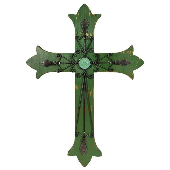 De Leon Collections 14550 Wooden Green Cross Vintage Fleur De Lis Hanging Wall Cross