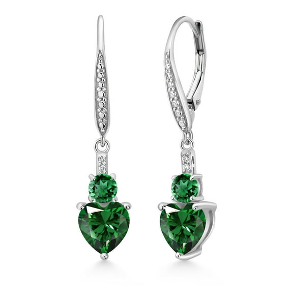 Gem Stone King 925 Sterling Silver Green Nano Emerald and White Lab Grown Diamond Drop Dangle Earrings for Women (2.63 Cttw, Heart Shape 7MM, Round 4MM)