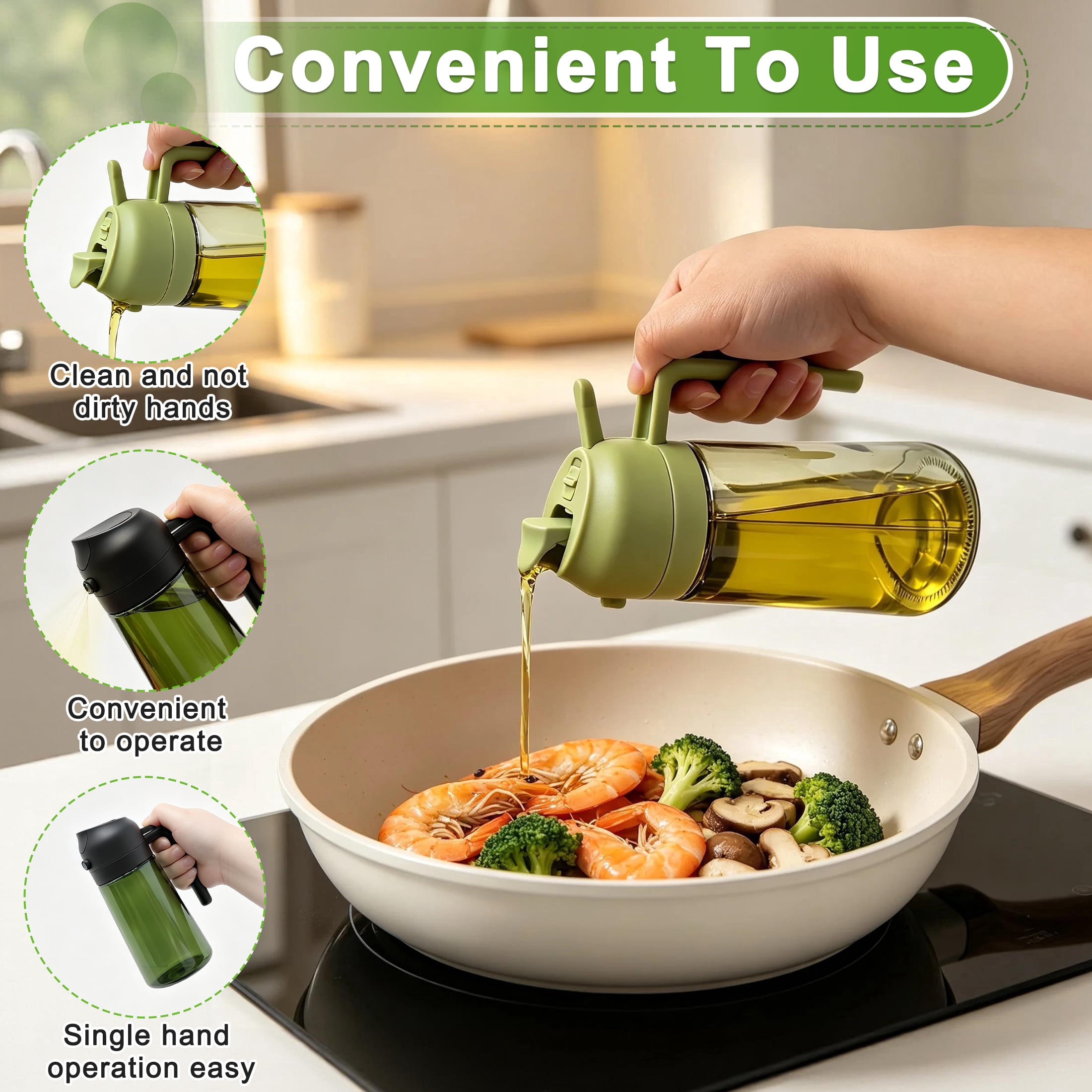 2 in 1 Oil Dispenser and Oil Sprayer Bottle, 16OZ Dual Purpose Kitchen Oil Container, Olive Oil Sprayer Bottle for Cooking, Salad, Barbecue & Air Fryer(Black & Green)