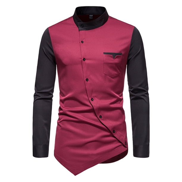 Camisa de primavera y verano para hombre, camisa de manga larga con cuello Irregular y botones a la moda para hombre Pompotops oipoqjl47459