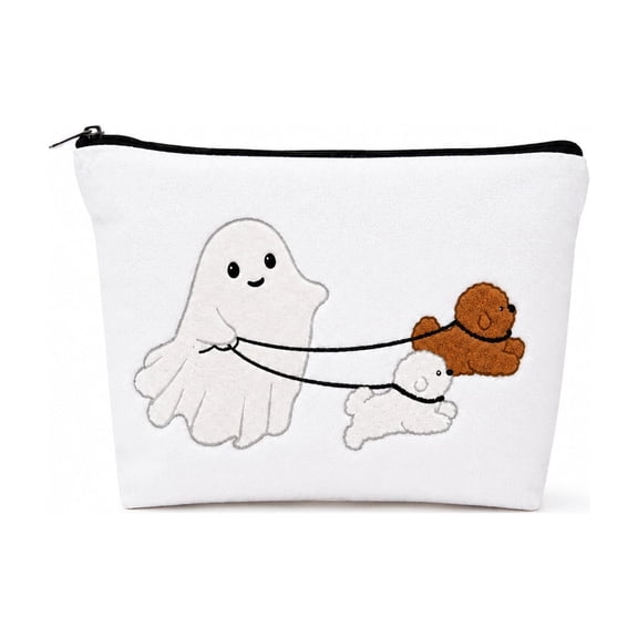 Halloween Cosmetic Bag With Zipper Pouch Cute Ghost Walking Dogs Pattern Storage Portable Travel Organizer For Women