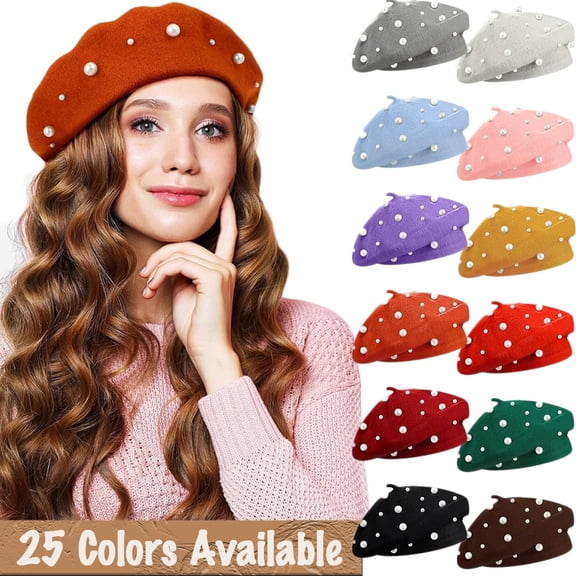 Pearl Beret Hat French Style Beanie Cap Solid Color Winter Hat for Women and Girls Casual Use 1Pcs