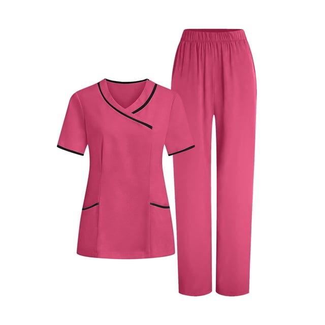 RXMEKW V-Neck Tunic And Pants Set For Women, 95% Polyester 5% Spandex, Short Sleeve Scrub Set