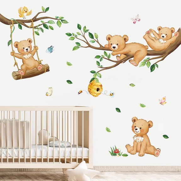 Woodland Bear Wall Decals Animal Tree Branch Wall Stickers Baby Nursery Kids Bedroom Living Room Wall Decor