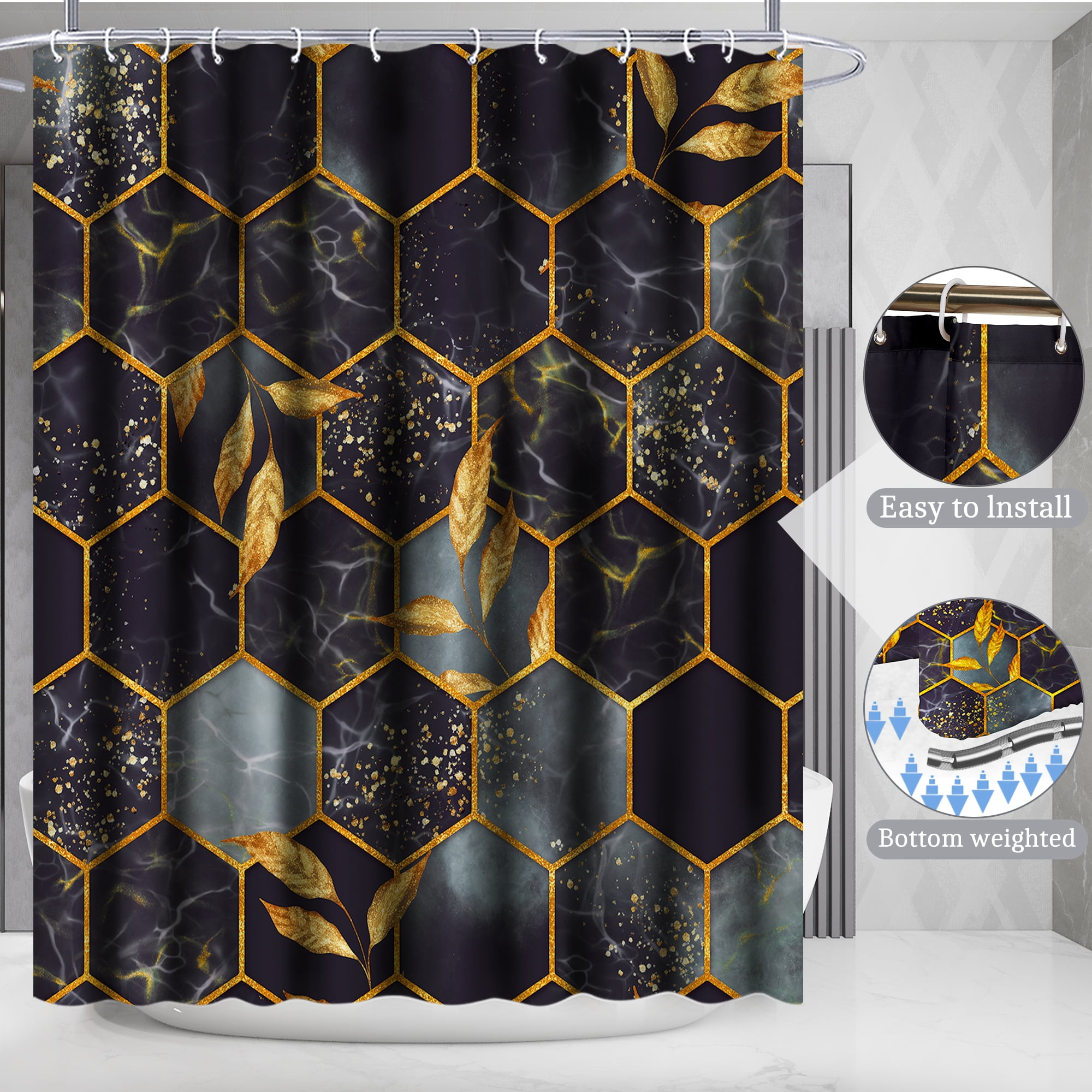 Poedist 4Pcs Marble Bathroom Sets with Shower Curtain and Rugs, Marble Shower Curtain Set with Non-Slip Rugs,Toilet Lid Cover,Bath Mat and 12 Hooks,71 x 71 Inch, Black Honeycomb Marble