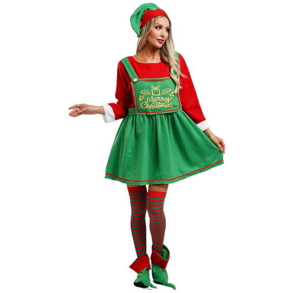 Sxiwei Womens 4Pcs Santa Claus Cosplay Costume Christmas Green Elf Velvet Dress Outfit for Xmas Party Green S