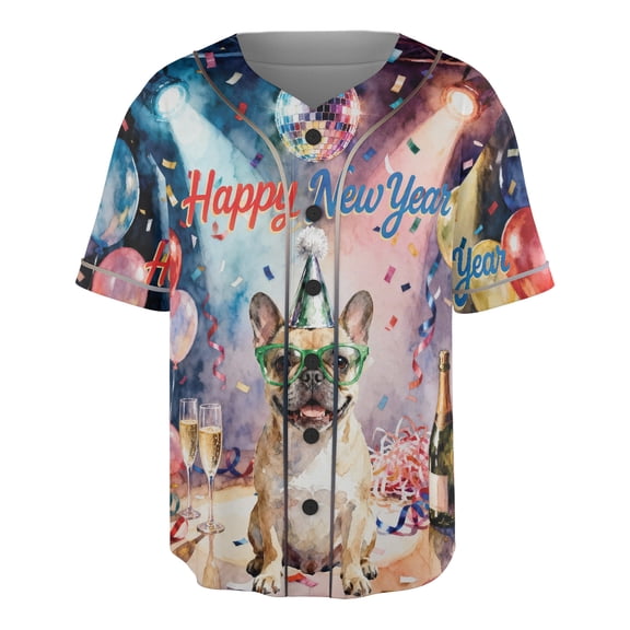 Happy New Year French Bulldog Chills on Year-End Party All Over Print 3D Baseball Shirt Dog Lover Gifts Softball Sport - 12023